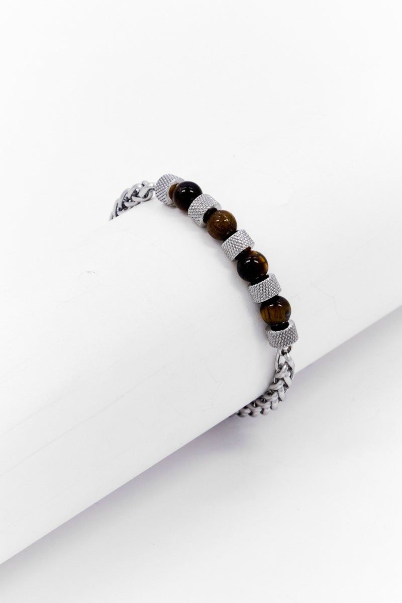 Steeltime Men Stainless Steel Wheat Chain And Tiger Eye Beads Bracelet, Silver - Image 1